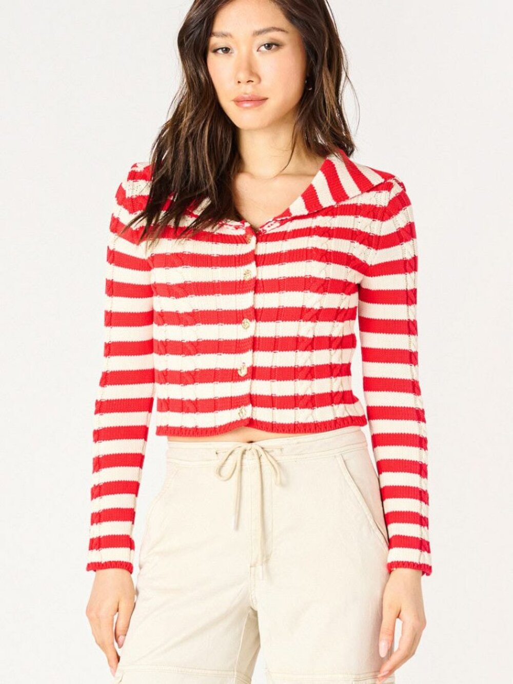 Marled Women's Red White Stripe Cable Knit Sweater Cardigan Size Medium